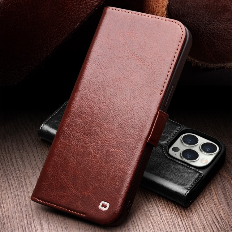 QIALINO For iPhone 14 Pro Max Genuine Cow Leather Wallet Case Stand Flip Magnetic Phone Cover - Black
