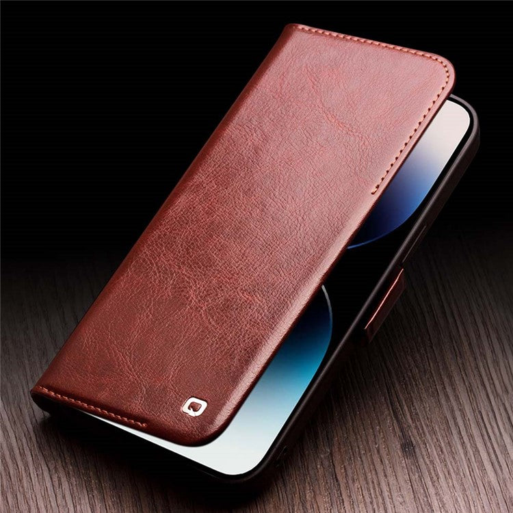 QIALINO For iPhone 14 Pro Max Genuine Cow Leather Wallet Case Stand Flip Magnetic Phone Cover - Black