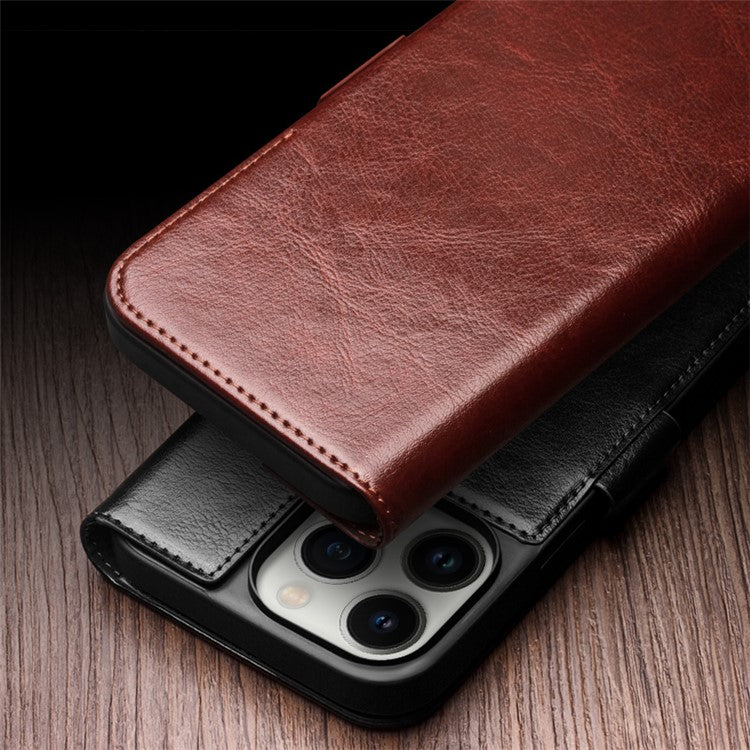 QIALINO For iPhone 14 Pro Max Genuine Cow Leather Wallet Case Stand Flip Magnetic Phone Cover - Black