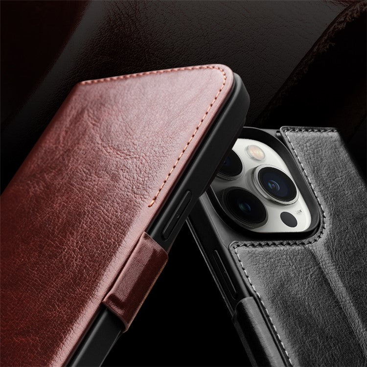 QIALINO For iPhone 14 Pro Max Genuine Cow Leather Wallet Case Stand Flip Magnetic Phone Cover - Black