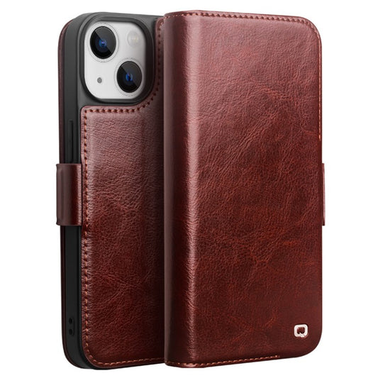 QIALINO For iPhone 14 Plus Genuine Cow Leather Case Stand Folio Wallet Phone Cover - Dark Brown