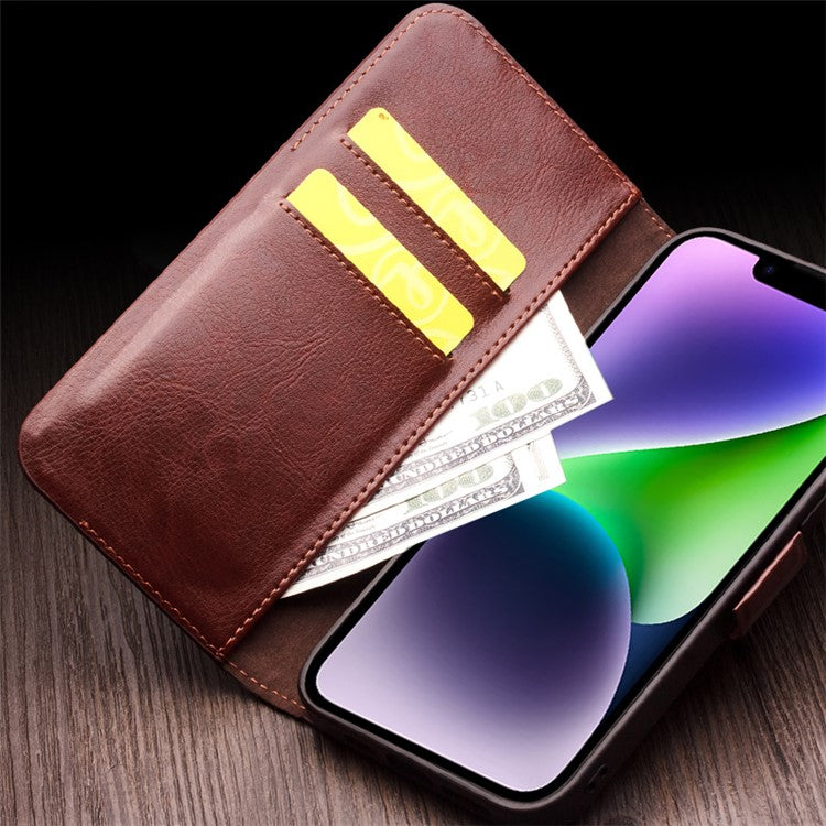 QIALINO For iPhone 14 Plus Genuine Cow Leather Case Stand Folio Wallet Phone Cover - Dark Brown