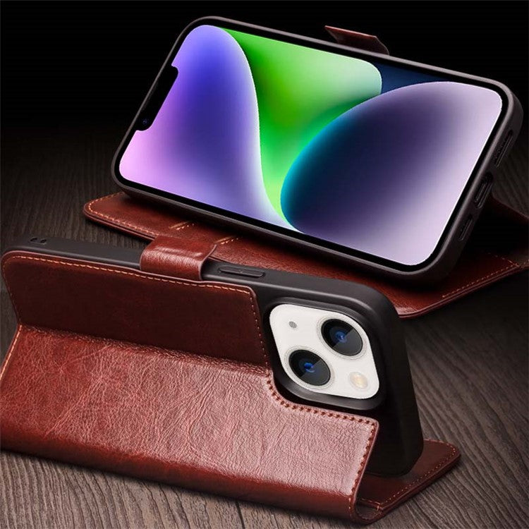 QIALINO For iPhone 14 Plus Genuine Cow Leather Case Stand Folio Wallet Phone Cover - Dark Brown