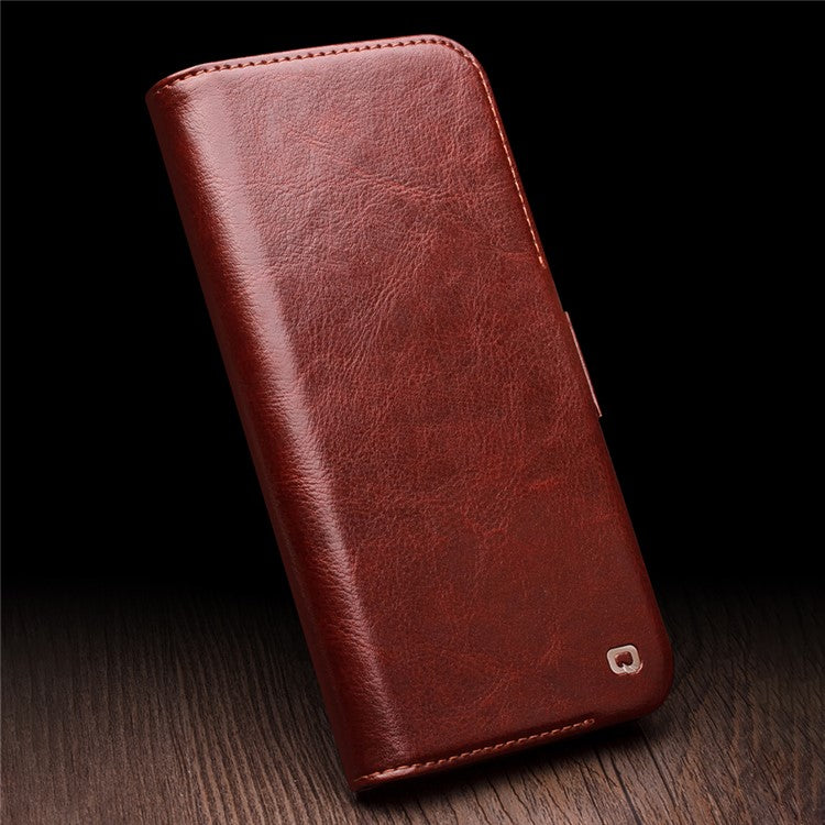 QIALINO For iPhone 14 Plus Genuine Cow Leather Case Stand Folio Wallet Phone Cover - Dark Brown