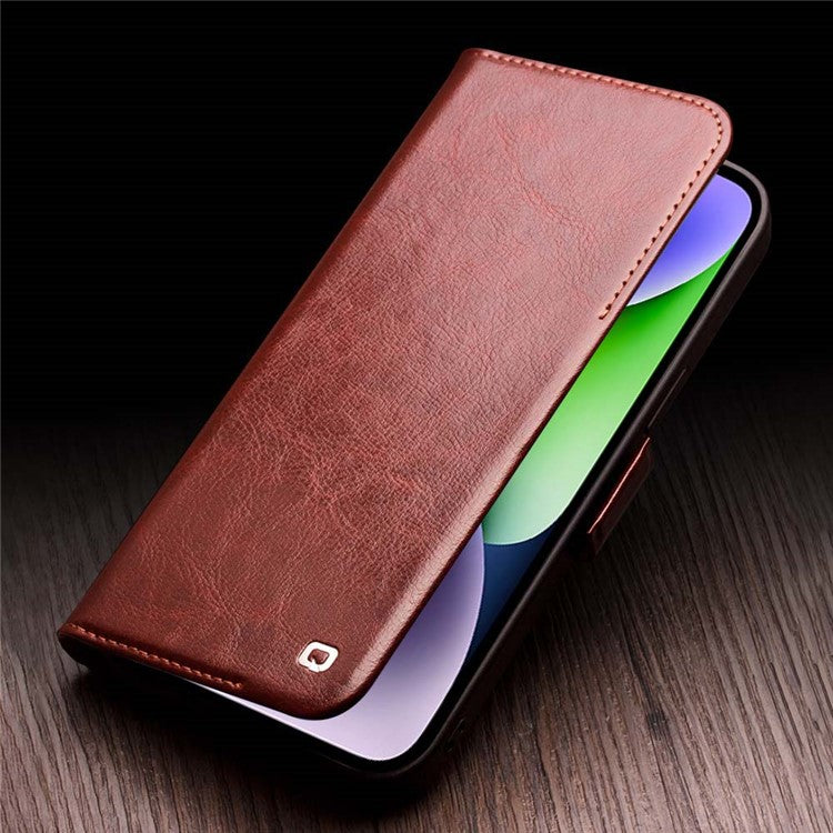 QIALINO For iPhone 14 Plus Genuine Cow Leather Case Stand Folio Wallet Phone Cover - Dark Brown