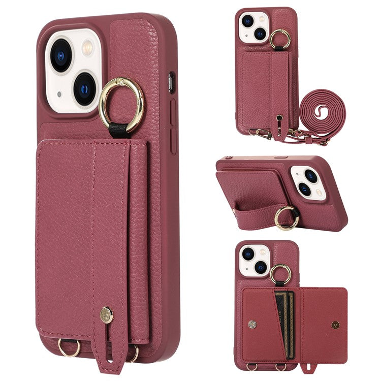 Anti-drop Cover for iPhone 14 Plus Card Holder Hand Strap Leather+TPU Phone Kickstand Case with Shoulder Strap - Plum