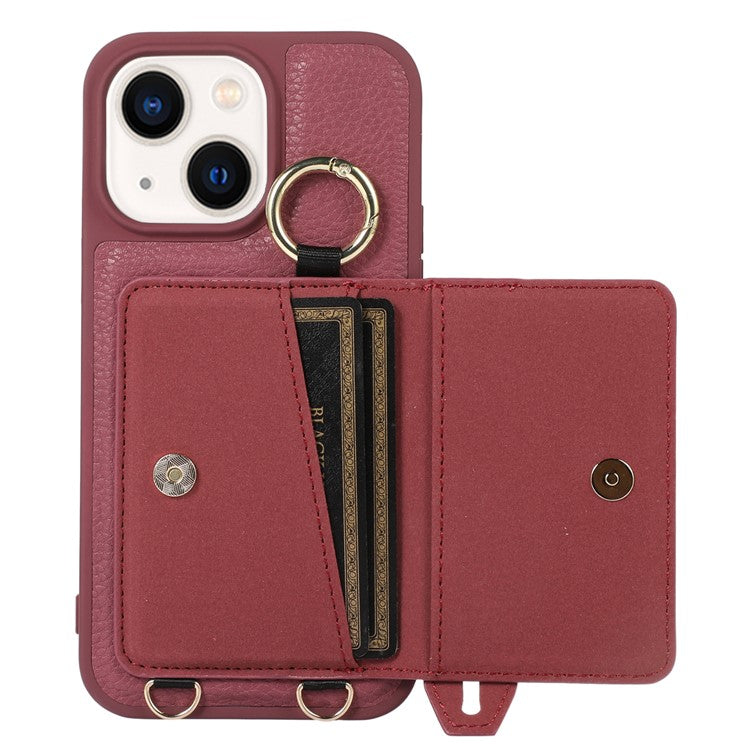 Anti-drop Cover for iPhone 14 Plus Card Holder Hand Strap Leather+TPU Phone Kickstand Case with Shoulder Strap - Plum