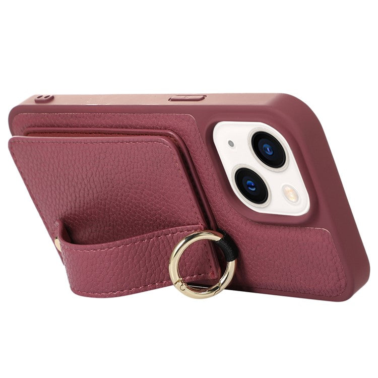 Anti-drop Cover for iPhone 14 Plus Card Holder Hand Strap Leather+TPU Phone Kickstand Case with Shoulder Strap - Plum
