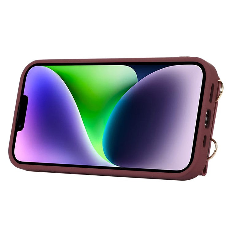 Anti-drop Cover for iPhone 14 Plus Card Holder Hand Strap Leather+TPU Phone Kickstand Case with Shoulder Strap - Plum