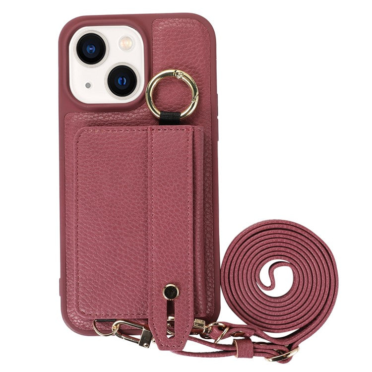 Anti-drop Cover for iPhone 14 Plus Card Holder Hand Strap Leather+TPU Phone Kickstand Case with Shoulder Strap - Plum