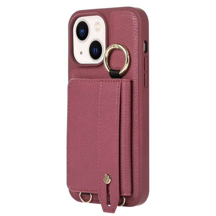 Anti-drop Cover for iPhone 14 Plus Card Holder Hand Strap Leather+TPU Phone Kickstand Case with Shoulder Strap - Plum
