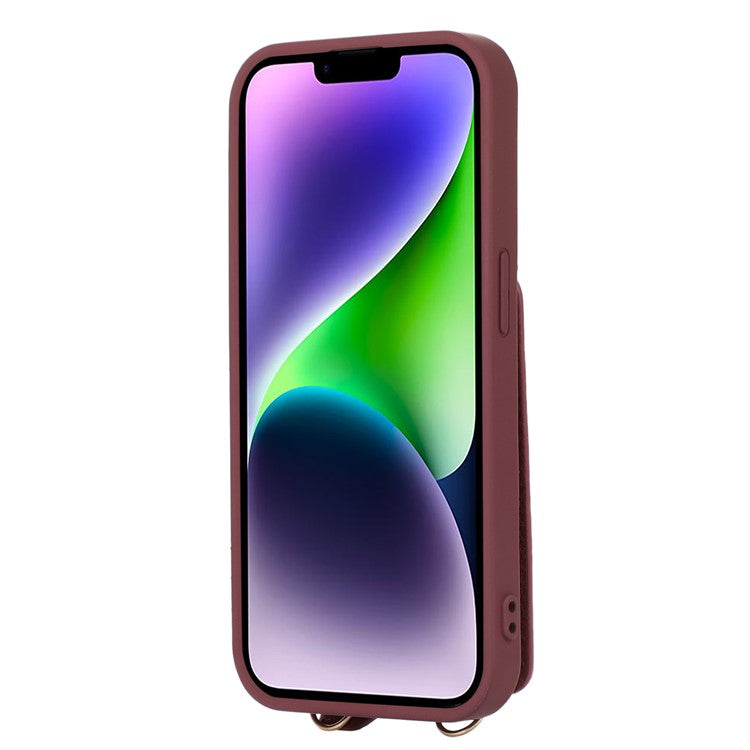 Anti-drop Cover for iPhone 14 Plus Card Holder Hand Strap Leather+TPU Phone Kickstand Case with Shoulder Strap - Plum