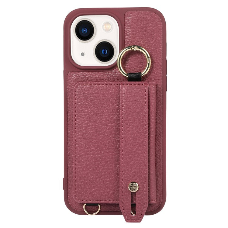 Anti-drop Cover for iPhone 14 Plus Card Holder Hand Strap Leather+TPU Phone Kickstand Case with Shoulder Strap - Plum