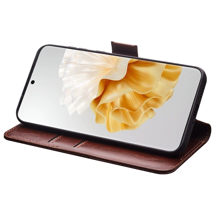 QIALINO For Huawei P60 Pro Genuine Cow Leather Phone Case Wallet Stand Flip Folio Cover - Brown