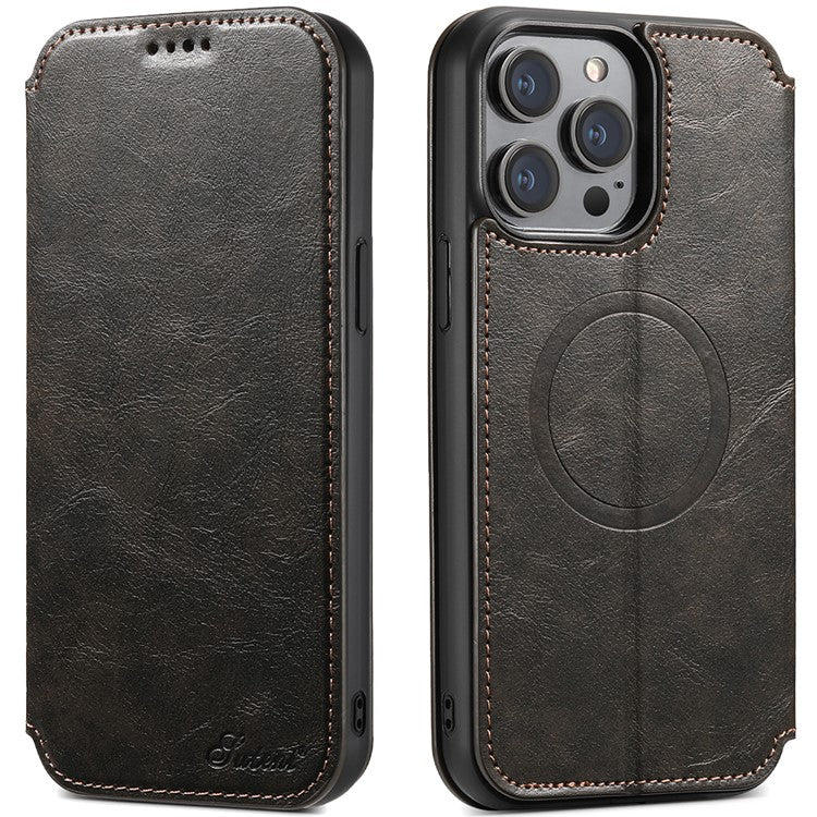 SUTENI J05 For iPhone 14 Pro Max Phone Leather Case Compatible with MagSafe Stand Wallet Cover - Black