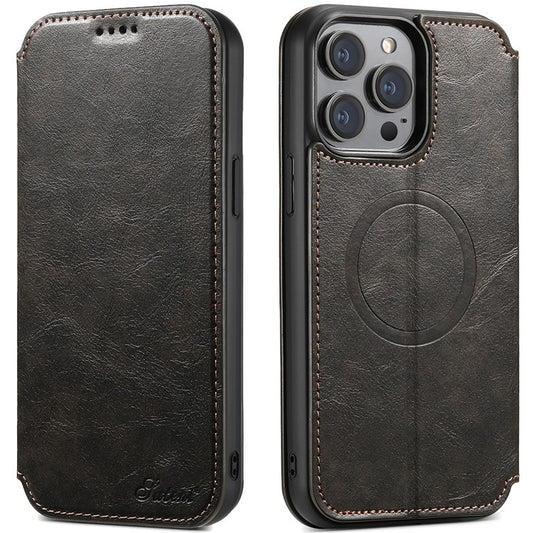 SUTENI J05 For iPhone 14 Pro Max Phone Leather Case Compatible with MagSafe Stand Wallet Cover - Black