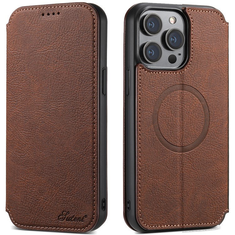 SUTENI J06 For iPhone 14 Pro Max Wallet Case PU Leather Phone Stand Cover Compatible with MagSafe - Brown
