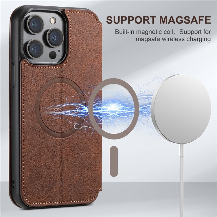 SUTENI J06 For iPhone 14 Pro Max Wallet Case PU Leather Phone Stand Cover Compatible with MagSafe - Brown