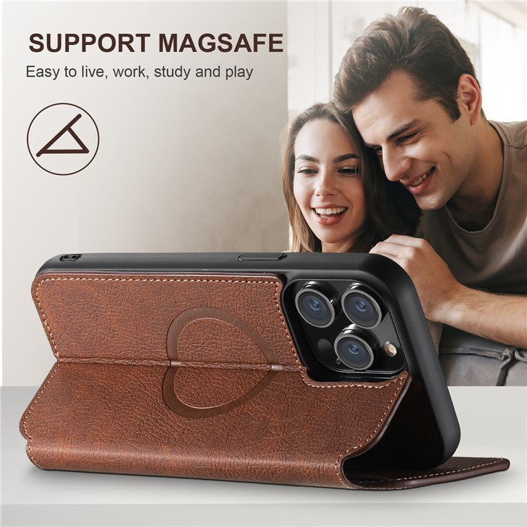 SUTENI J06 For iPhone 14 Pro Max Wallet Case PU Leather Phone Stand Cover Compatible with MagSafe - Brown