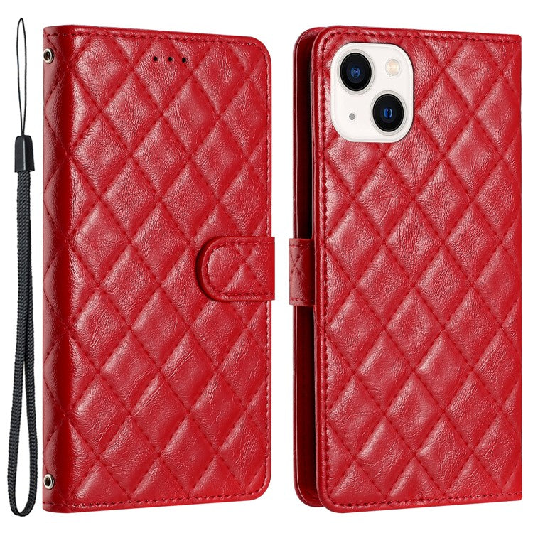 Phone Cover for iPhone 14 Plus , TPU+PU Leather Wallet Shell Flip Stand Stitching Line Rhombus Texture Phone Case - Red