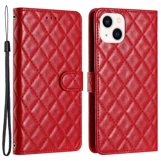 Phone Cover for iPhone 14 Plus , TPU+PU Leather Wallet Shell Flip Stand Stitching Line Rhombus Texture Phone Case - Red
