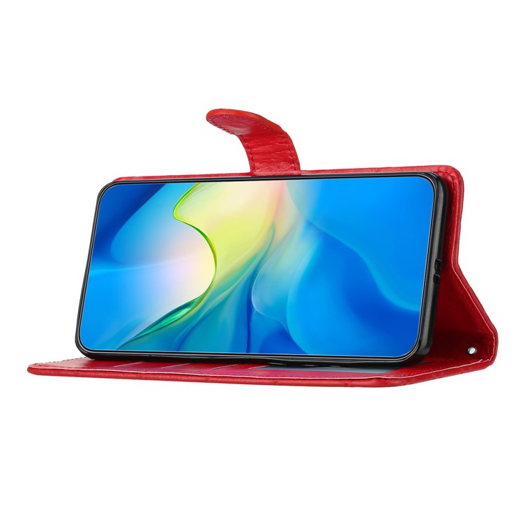 Phone Cover for iPhone 14 Plus , TPU+PU Leather Wallet Shell Flip Stand Stitching Line Rhombus Texture Phone Case - Red