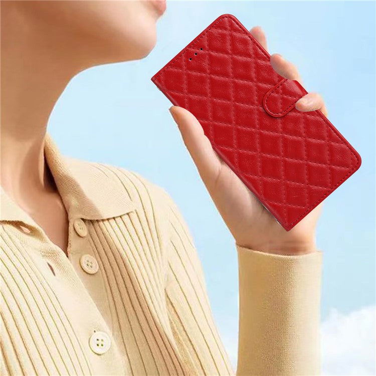 Phone Cover for iPhone 14 Plus , TPU+PU Leather Wallet Shell Flip Stand Stitching Line Rhombus Texture Phone Case - Red