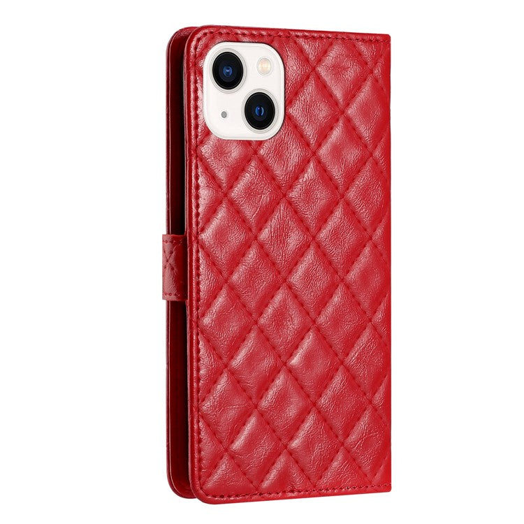 Phone Cover for iPhone 14 Plus , TPU+PU Leather Wallet Shell Flip Stand Stitching Line Rhombus Texture Phone Case - Red