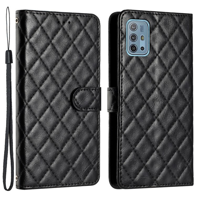Wallet Phone Case for Motorola Moto G10 / G20 / G30 , PU Leather Stitching Line Rhombus Flip Stand Cover - Black