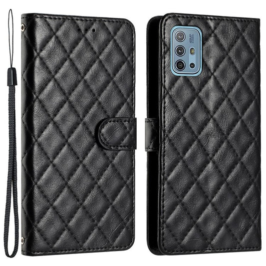 Wallet Phone Case for Motorola Moto G10 / G20 / G30 , PU Leather Stitching Line Rhombus Flip Stand Cover - Black