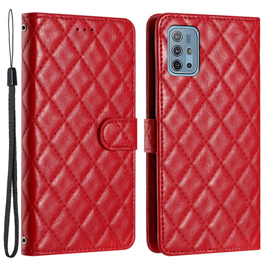 Wallet Phone Case for Motorola Moto G10 / G20 / G30 , PU Leather Stitching Line Rhombus Flip Stand Cover - Red