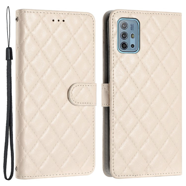 Wallet Phone Case for Motorola Moto G10 / G20 / G30 , PU Leather Stitching Line Rhombus Flip Stand Cover - White