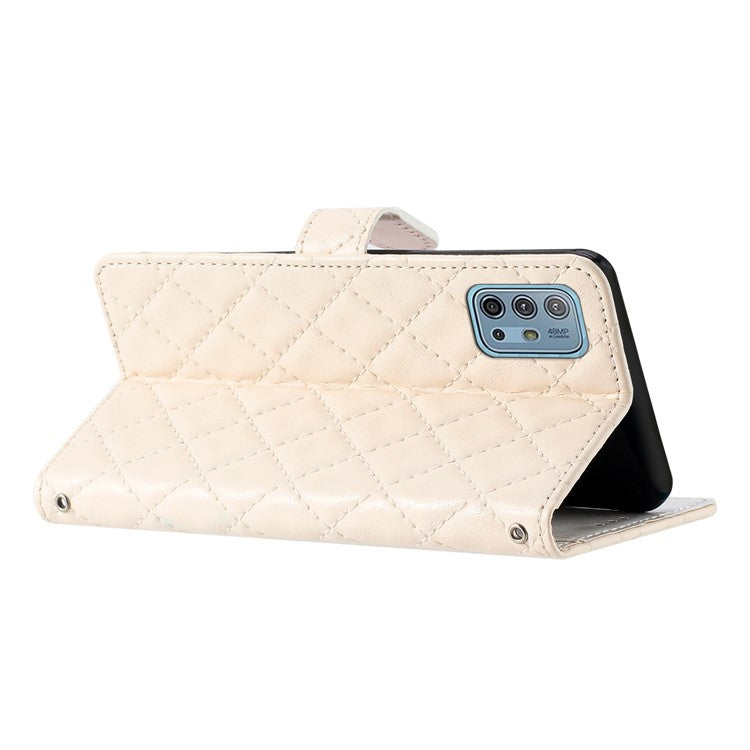 Wallet Phone Case for Motorola Moto G10 / G20 / G30 , PU Leather Stitching Line Rhombus Flip Stand Cover - White