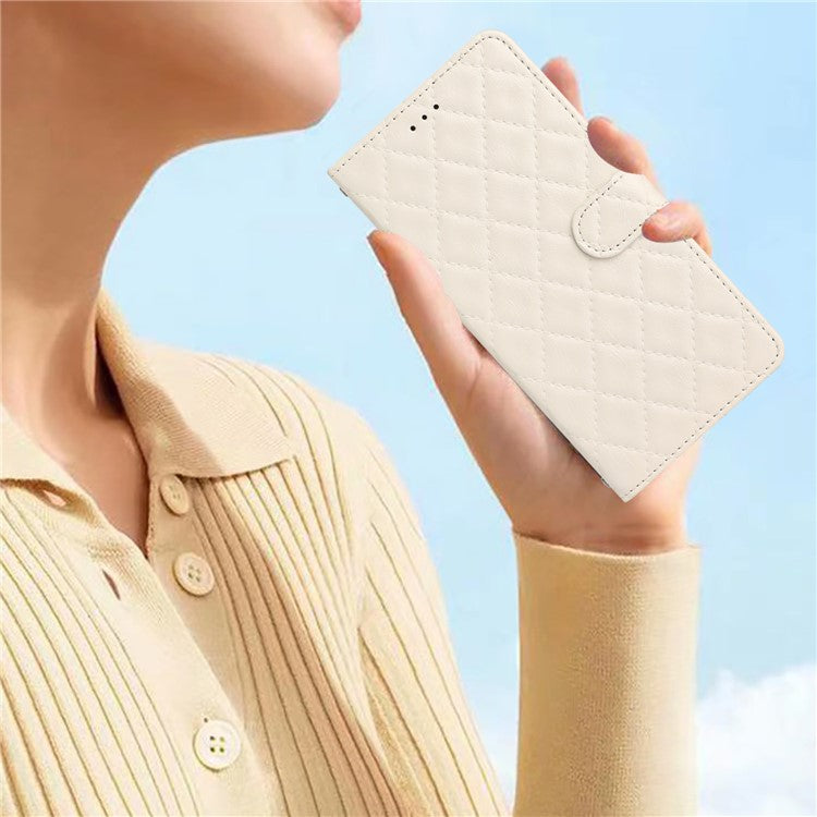 Wallet Phone Case for Motorola Moto G10 / G20 / G30 , PU Leather Stitching Line Rhombus Flip Stand Cover - White