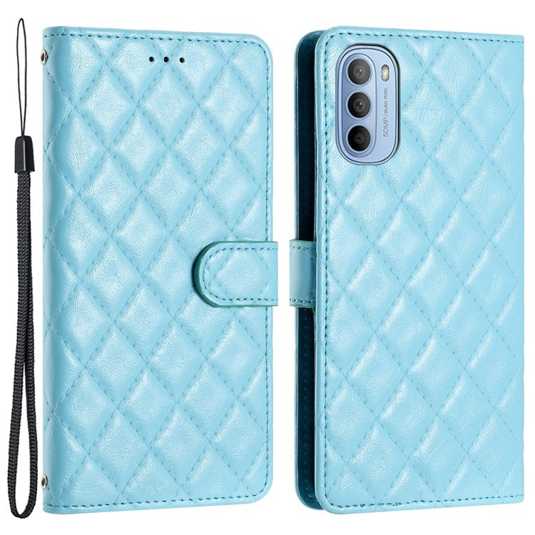 PU Leather Case for Motorola Moto G52 4G / G82 5G , Stitching Line Rhombus Stand Wallet Phone Cover - Sky Blue