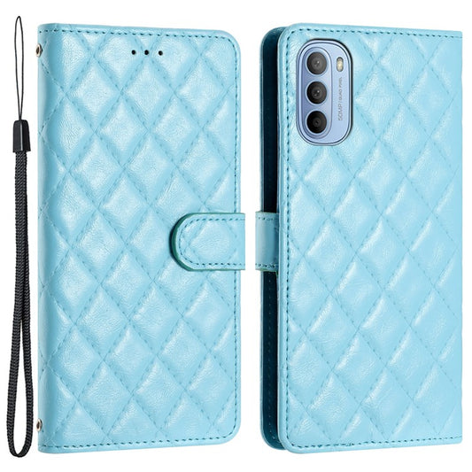 PU Leather Case for Motorola Moto G52 4G / G82 5G , Stitching Line Rhombus Stand Wallet Phone Cover - Sky Blue