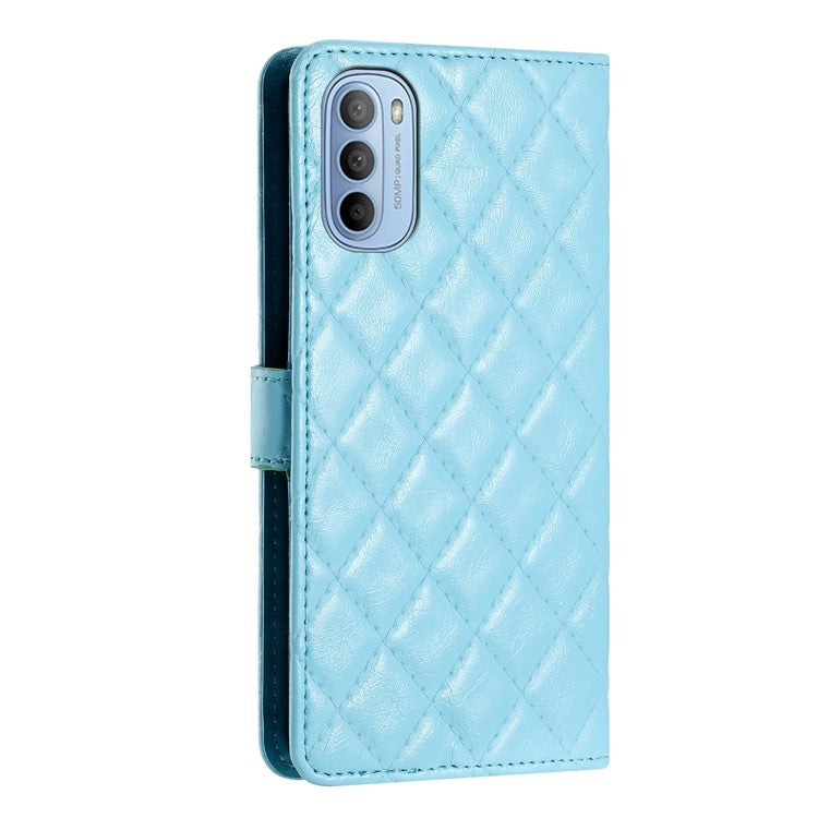 PU Leather Case for Motorola Moto G52 4G / G82 5G , Stitching Line Rhombus Stand Wallet Phone Cover - Sky Blue