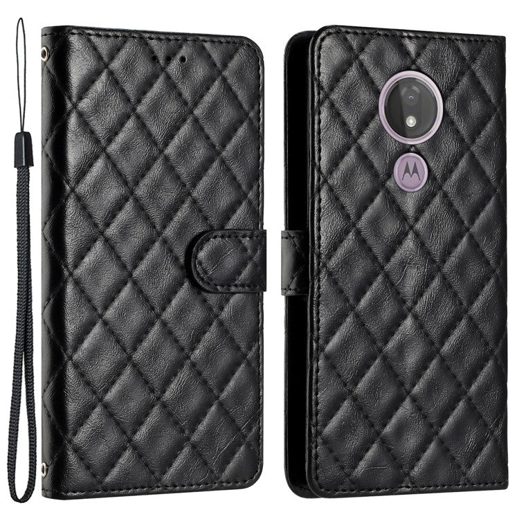 For Motorola Moto G7 Power PU Leather Wallet Case Stitching Line Rhombus Flip Stand Phone Cover - Black