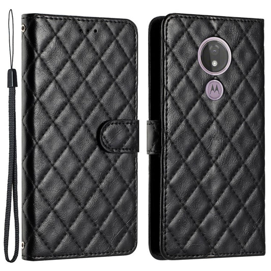 For Motorola Moto G7 Power PU Leather Wallet Case Stitching Line Rhombus Flip Stand Phone Cover - Black