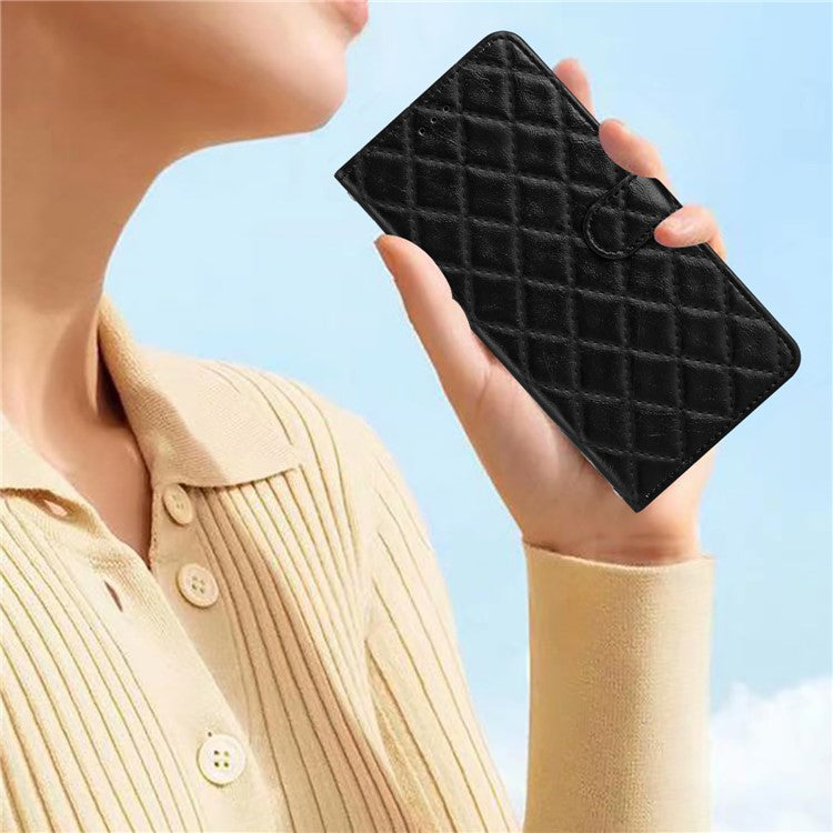 For Motorola Moto G7 Power PU Leather Wallet Case Stitching Line Rhombus Flip Stand Phone Cover - Black