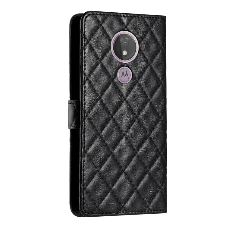 For Motorola Moto G7 Power PU Leather Wallet Case Stitching Line Rhombus Flip Stand Phone Cover - Black