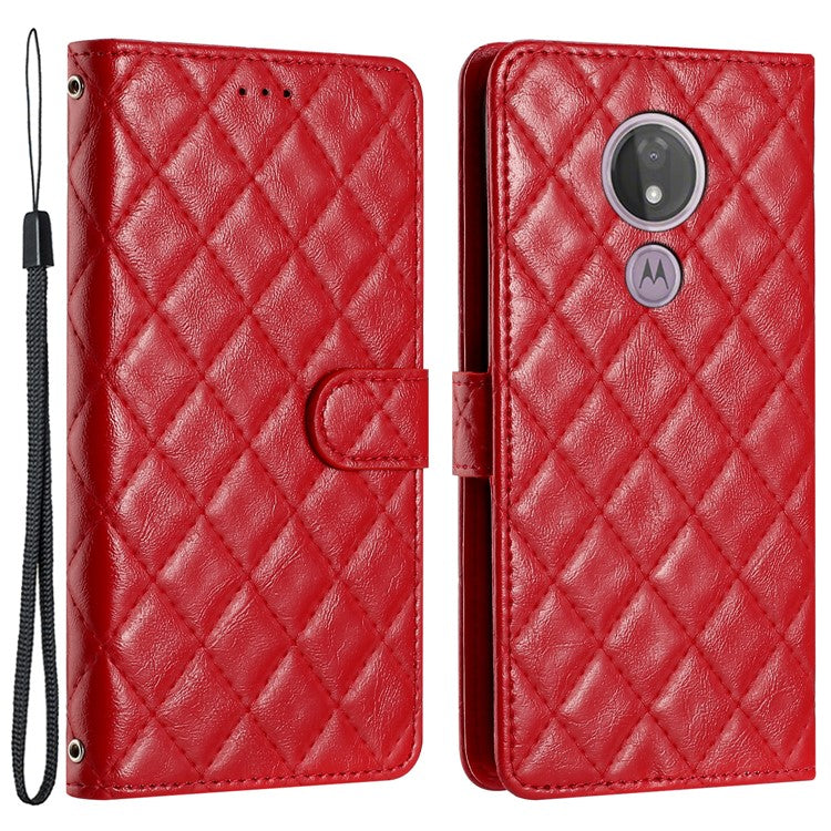 For Motorola Moto G7 Power PU Leather Wallet Case Stitching Line Rhombus Flip Stand Phone Cover - Red