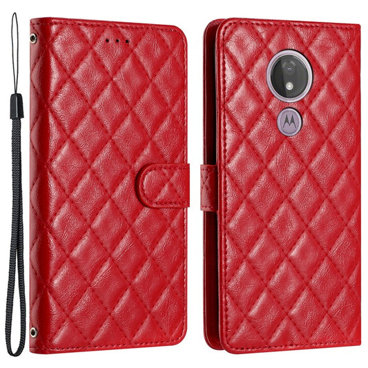 For Motorola Moto G7 Power PU Leather Wallet Case Stitching Line Rhombus Flip Stand Phone Cover - Red