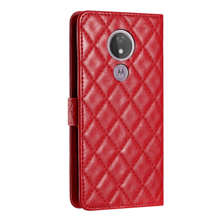 For Motorola Moto G7 Power PU Leather Wallet Case Stitching Line Rhombus Flip Stand Phone Cover - Red