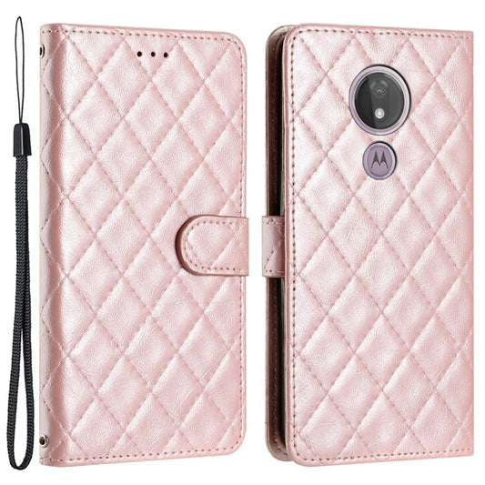 For Motorola Moto G7 Power PU Leather Wallet Case Stitching Line Rhombus Flip Stand Phone Cover - Rose Gold