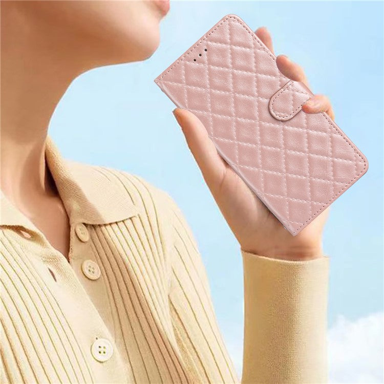 For Motorola Moto G7 Power PU Leather Wallet Case Stitching Line Rhombus Flip Stand Phone Cover - Rose Gold