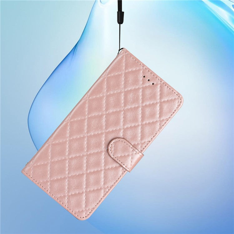 For Motorola Moto G7 Power PU Leather Wallet Case Stitching Line Rhombus Flip Stand Phone Cover - Rose Gold