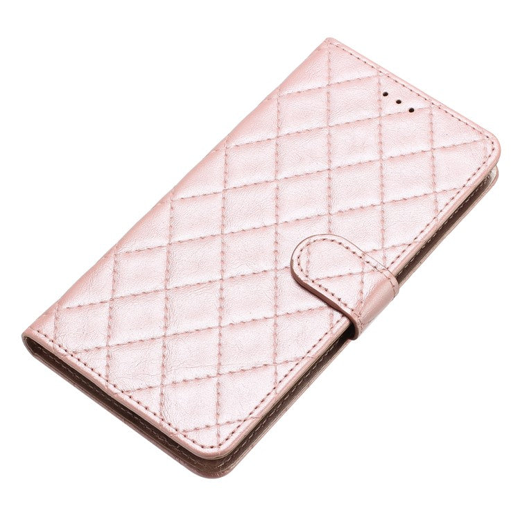 For Motorola Moto G7 Power PU Leather Wallet Case Stitching Line Rhombus Flip Stand Phone Cover - Rose Gold