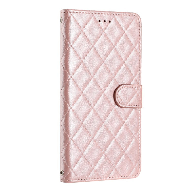 For Motorola Moto G7 Power PU Leather Wallet Case Stitching Line Rhombus Flip Stand Phone Cover - Rose Gold