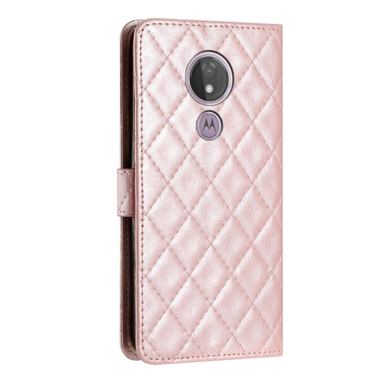 For Motorola Moto G7 Power PU Leather Wallet Case Stitching Line Rhombus Flip Stand Phone Cover - Rose Gold